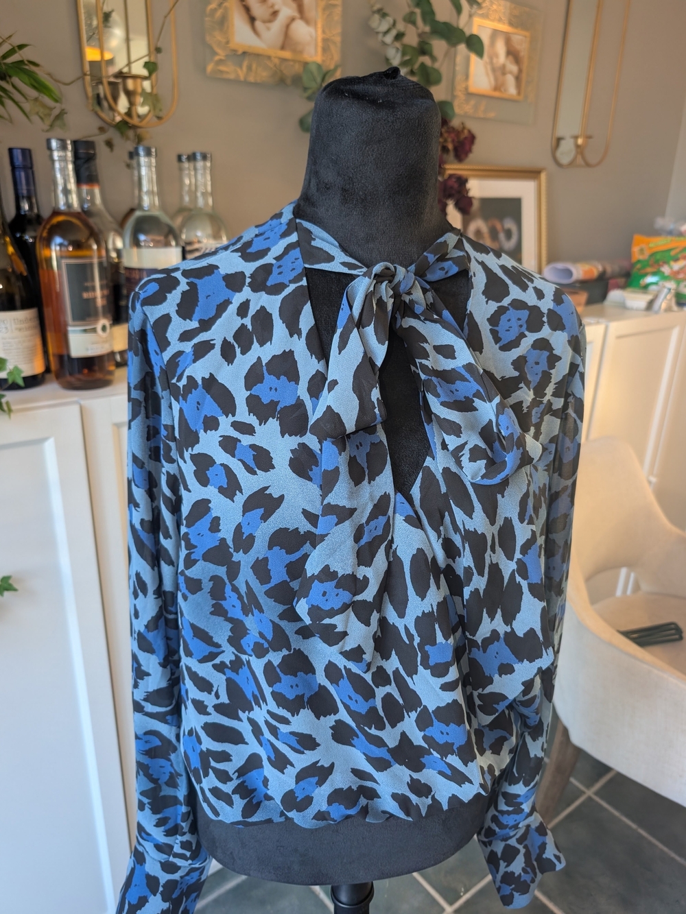 Tie Neck Leopard Print Blouse Jacket in Blue and Black